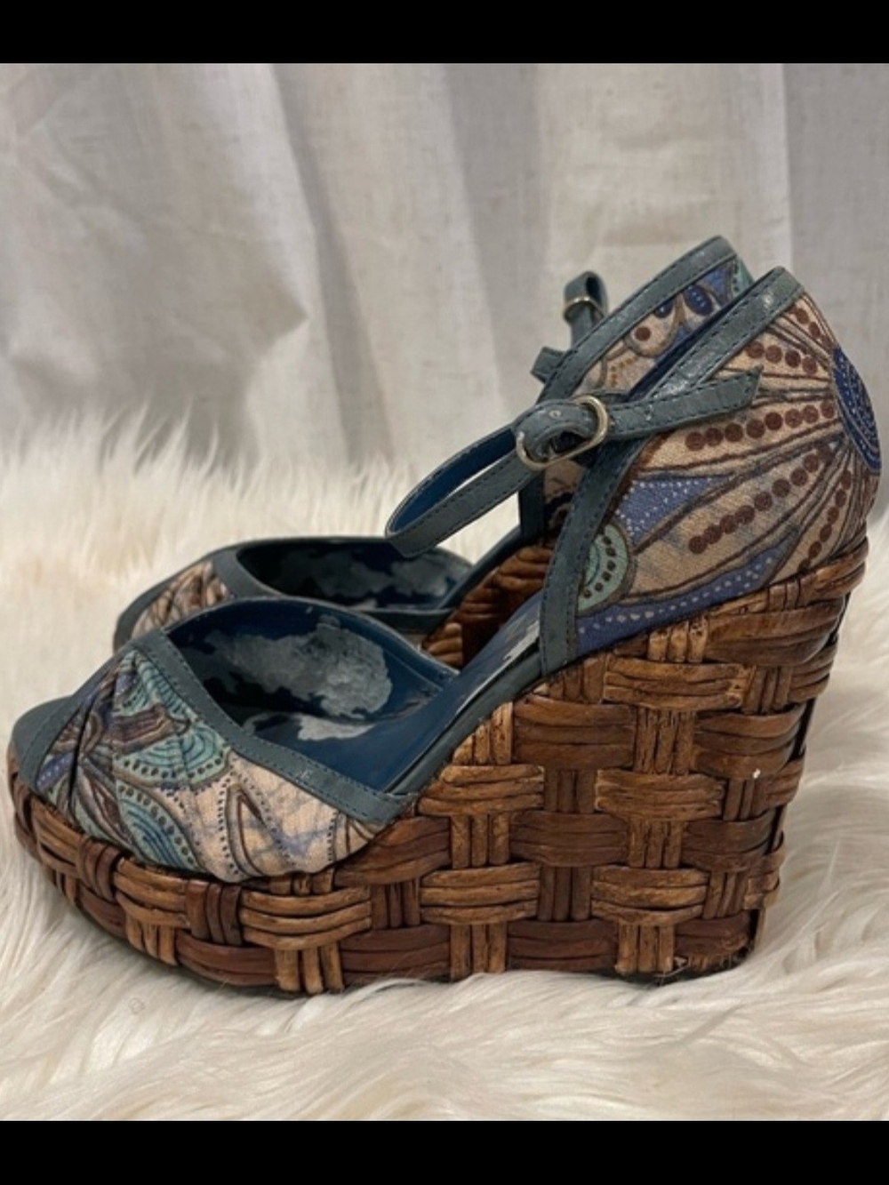 Schultz Blue Patterned Wedge Sandals with Woven Platform, Sz 6-6.5, Retired